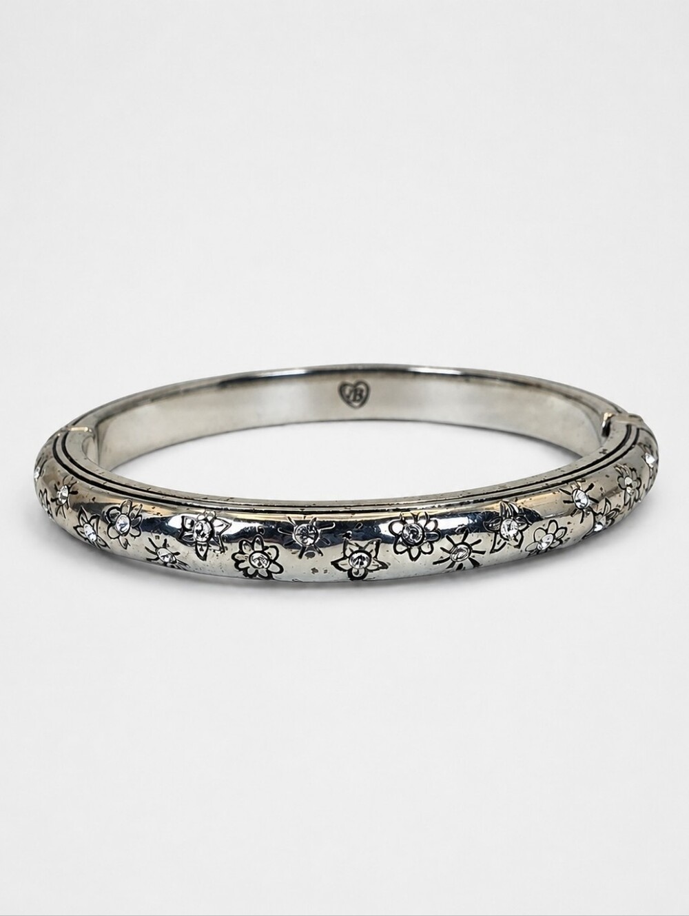 Brighton Crystal Floral Sun Hinged Bangle Clamper Bracelet Silver Tone 7.25"